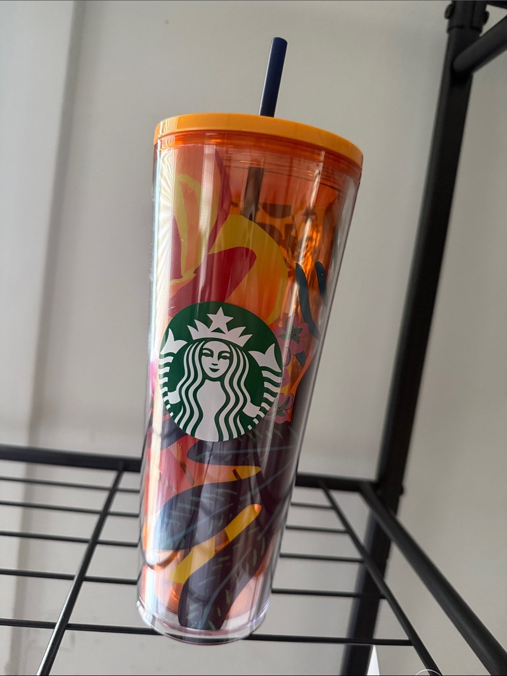 Starbucks Orange and Navy Floral Reusable Tumbler with Straw